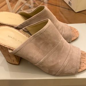 Marc Fischer Prenna taupe suede slip on cork heel open toe mules 8M